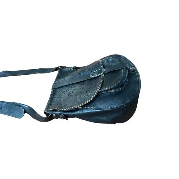 Patricia Nash Barcelona Black Tooled Leather Large Crossbody Saddle Bag Purse - Picture 10 of 15